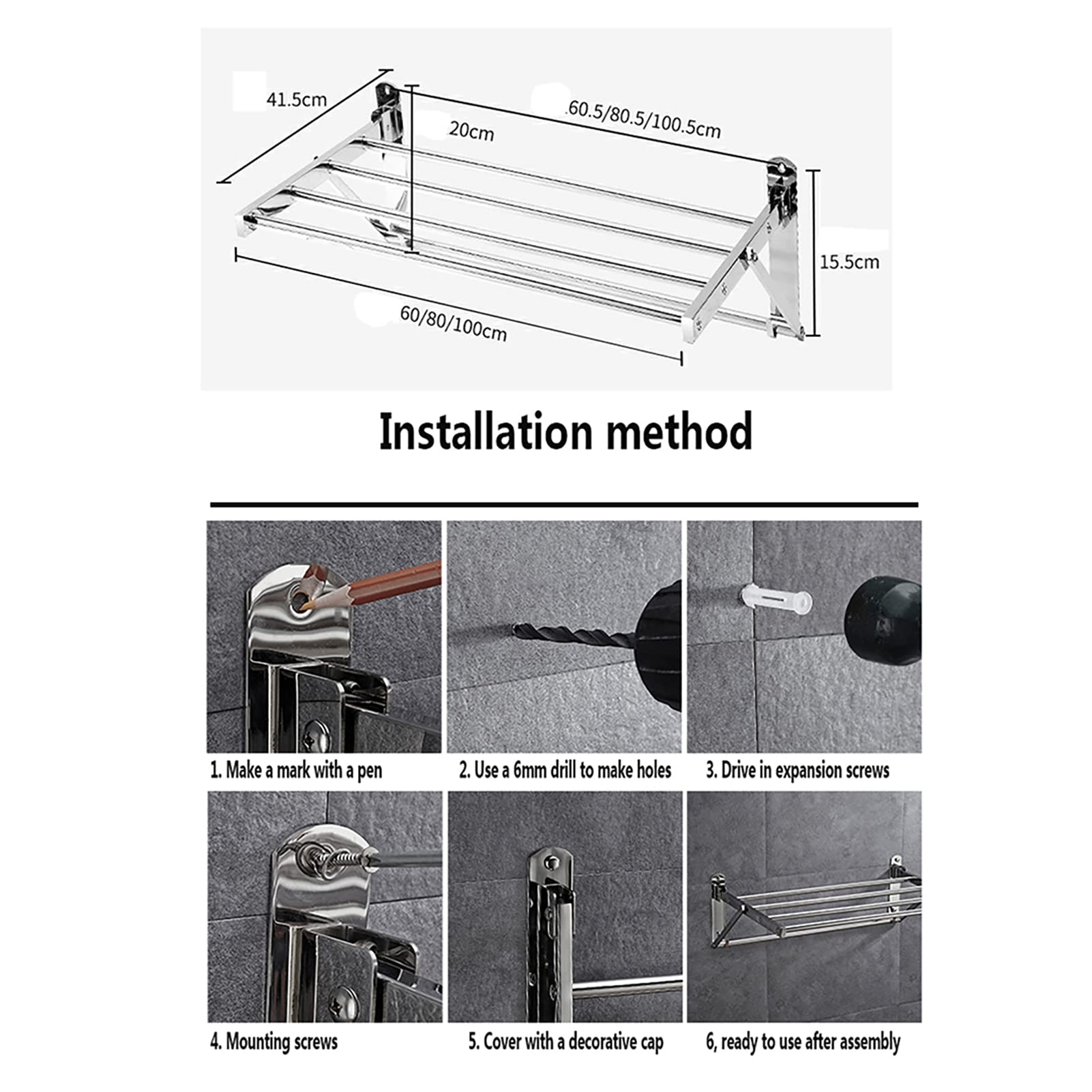 Stendibiancheria a Parete, Stendibiancheria per Interni in Acciaio Inossidabile Balcone Stendibiancheria Pieghevole Davanzale Stendibiancheria a Parete per Uso Domestico Stendibiancheria,60cm ( 100cm)