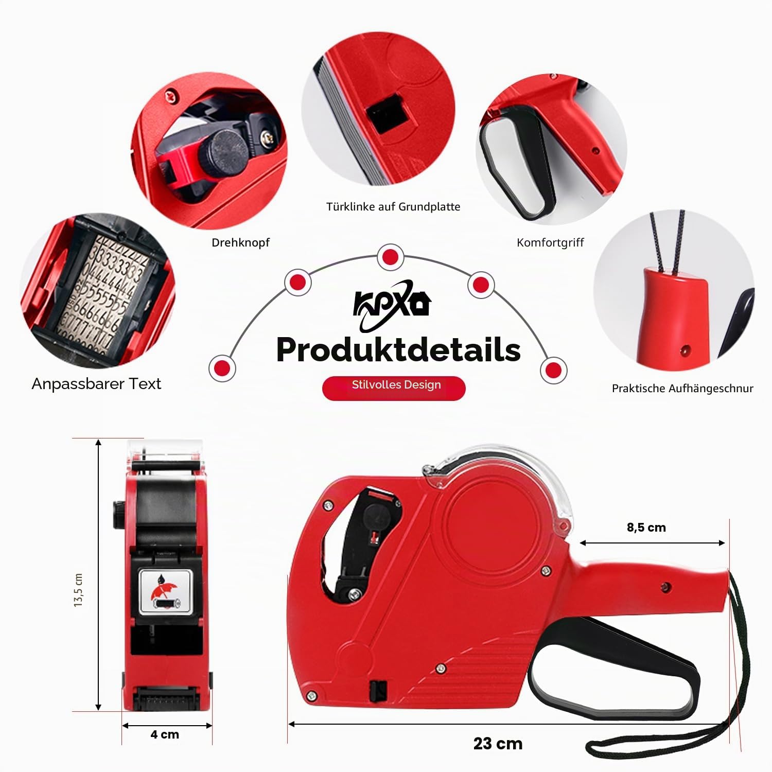 KPX MX5500 Preisauszeichnungspistole mit 5150 weißen Etikettenpistolen-Aufklebern und 3 extra Tintenrollern, Rot, 8 Ziffern, Lebensmittelgeschäft, Lebensmittel