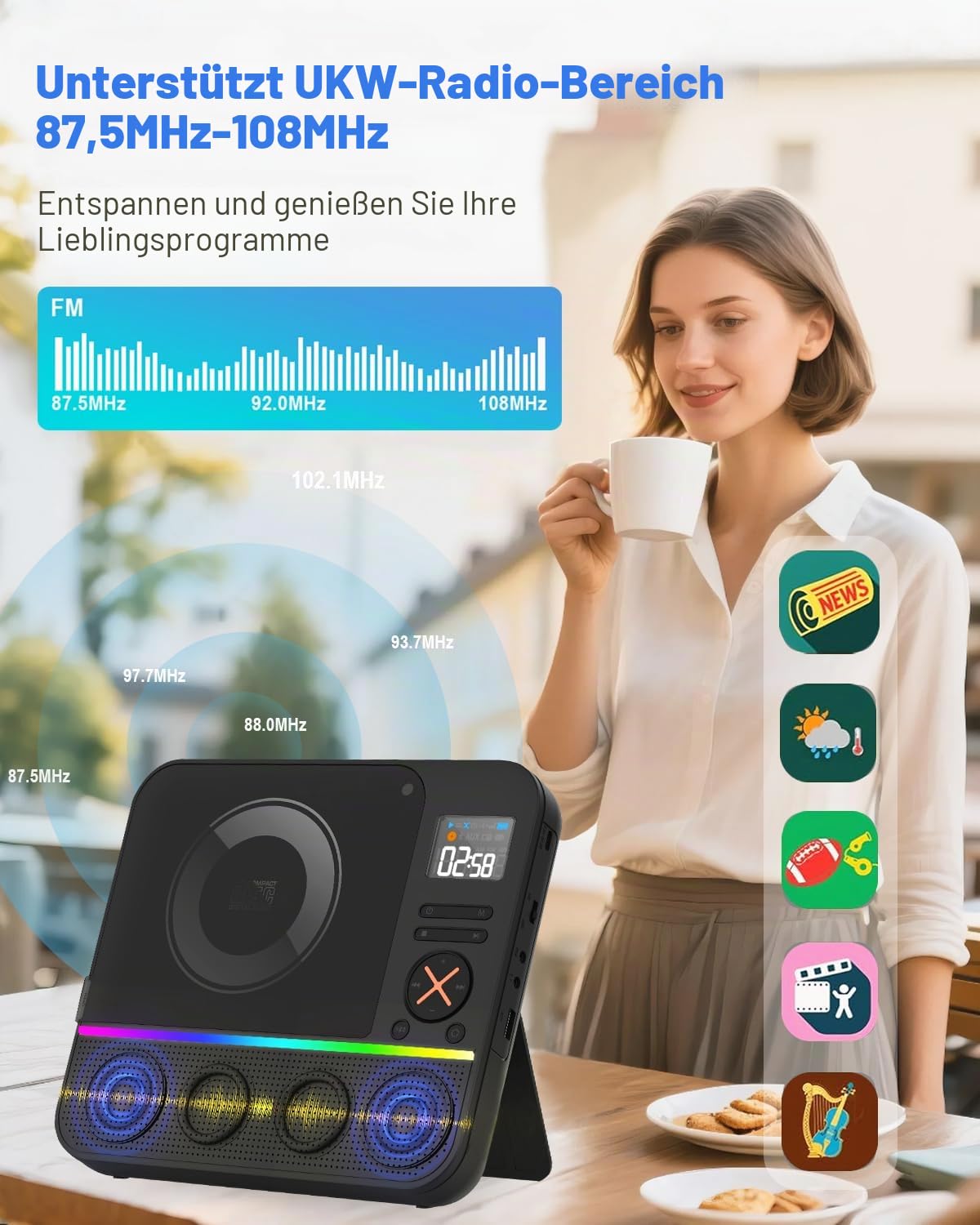 Tragbarer CD Player Bluetooth, Boombox Desktop CD-Player mit Bluetooth FM-Radio und RGB LED-Anzeige Integrierte Dual-Lautsprecher Unterstützt USB/AUX für Hause Camping Tragbare CD-Players
