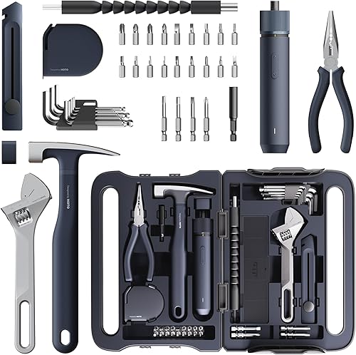 HOTO 40-Piece Tool Kit, Household Essentials tool set wSmart Electric Screwdriver (LED, 3 Torque) + 14 Tools & 26 Accessories Pro-Grade Compact