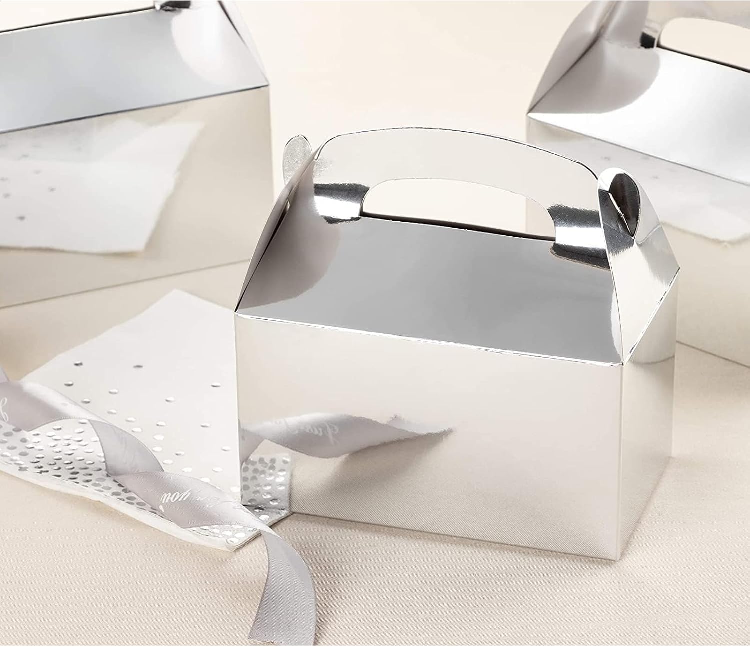 Juvale Party Treat Boxes - 24-Pack Silver Metallic Foil Gable Gift Boxes for Party Favors, Small Goodie Candy Boxes for Wedding, Birthday, Silver, 6.2 x 3.6 x 3.4 Inches
