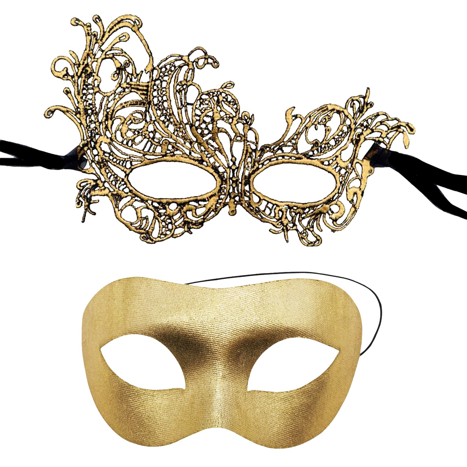 Masquerade Masks for Couples - 2 Pack Venetian Classic Ball Masks for Halloween, Cosplay, Carnival - Men and Women (Gold)