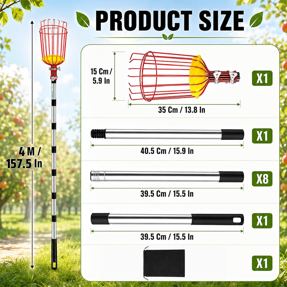Raccoglitore per mele con manico telescopico, 4,3 m, colore: rosso
