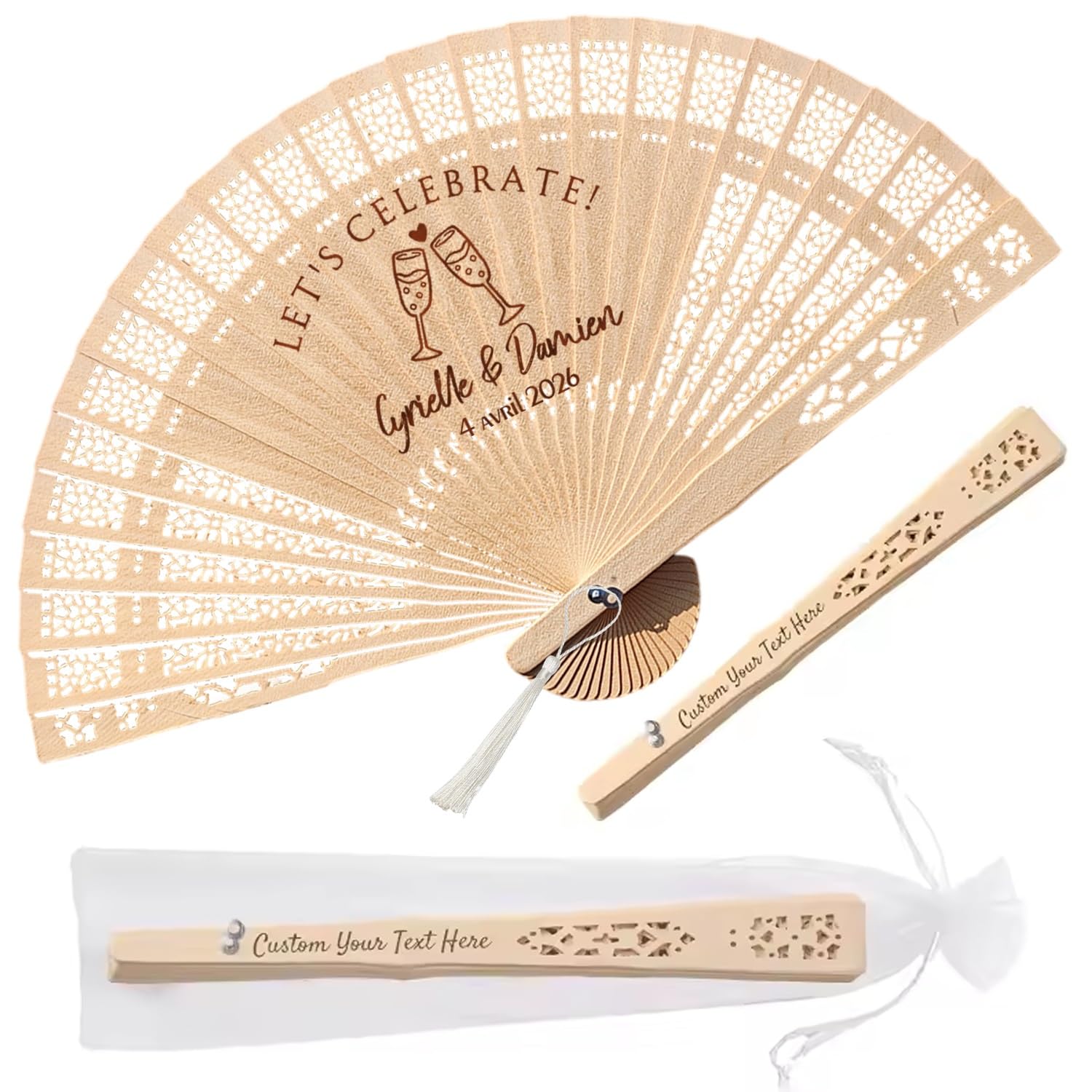 Ventagli Personalizzati Bomboniere for Ospiti Ventaglio in Legno Sfuso, Nomi Personalizzati for Coppie di Feste di Matrimonio Bomboniere Estive Regali Rustici con Sacchetti di Filato(50pcs)