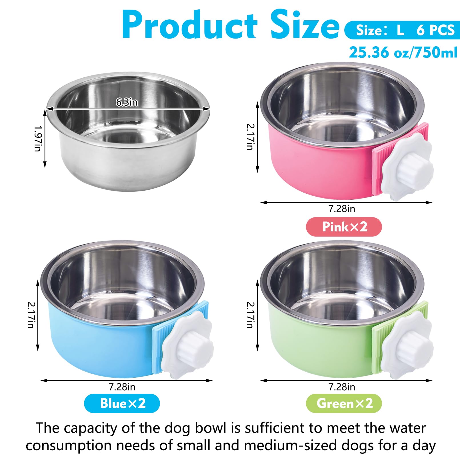 kathson Jaula para perros, cuenco extraíble de acero inoxidable colgante para mascotas, comedero de alimentos y agua, taza para gatos, cachorros, pájaros, ratas, cobayas, 6 piezas grandes (2 azules, 2
