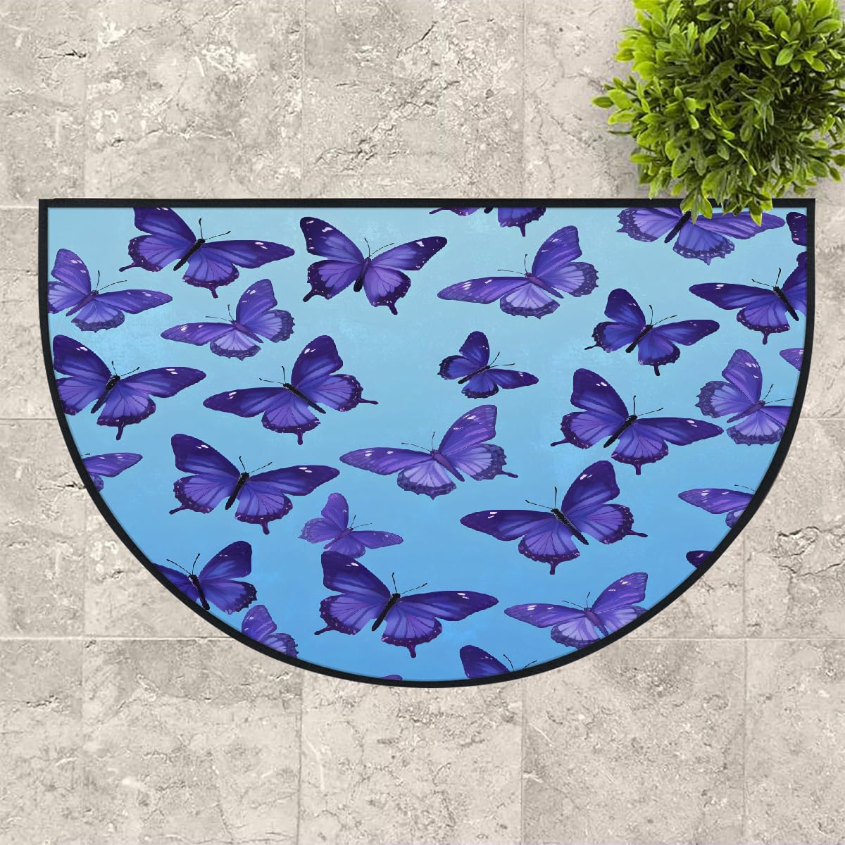 Mexpekil Paillasson demi-rond antidérapant lavable en demi-lune avec motif papillons bleus pour intérieur et extérieur - 100 x 160 cm