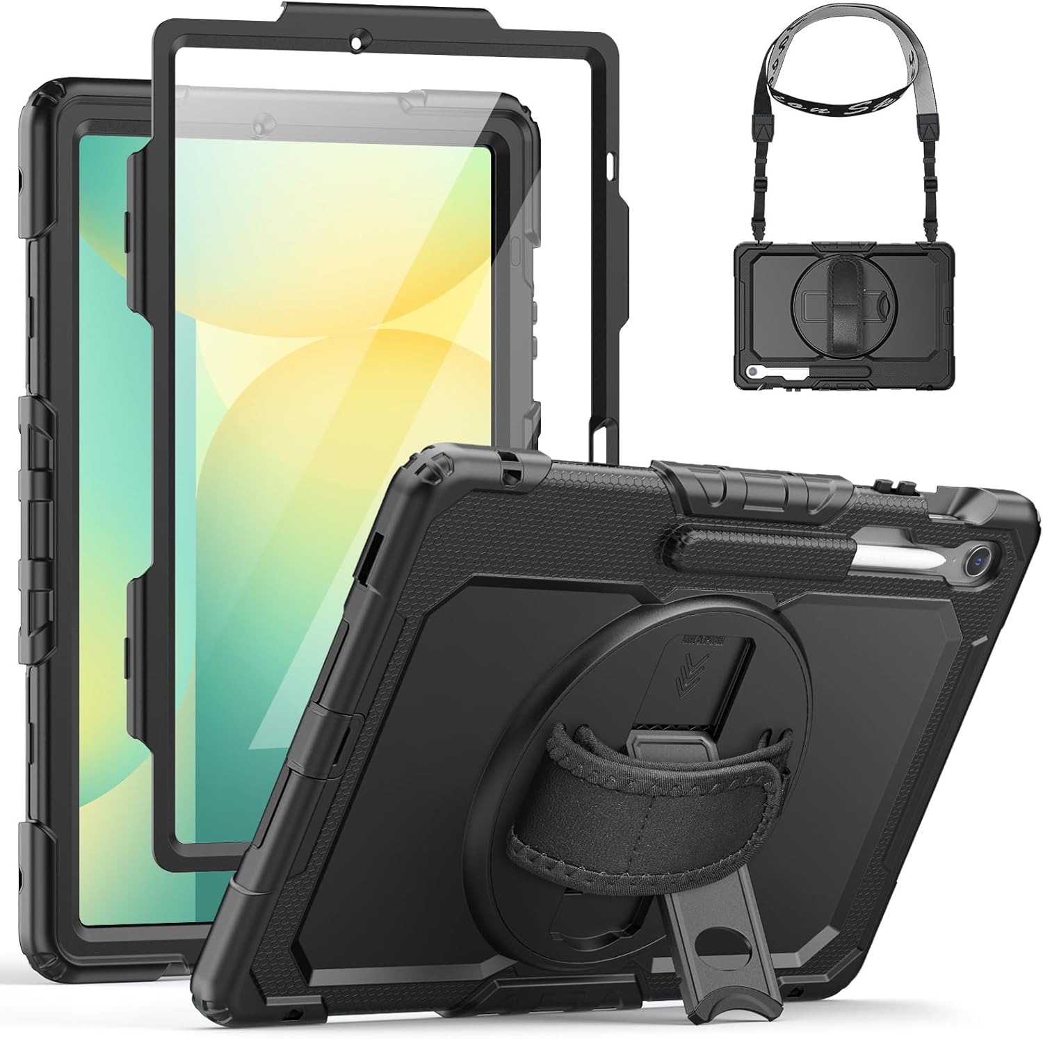 SEYMCY Case for Samsung Galaxy Tab S10 FE+ Plus 13.1 inch 2025, Full-body Shockproof with Screen Protector, 360° Rotating Hand Strap & Stand, Shoulder Strap for Samsung S10 FE+ Plus Tablet Case, Black