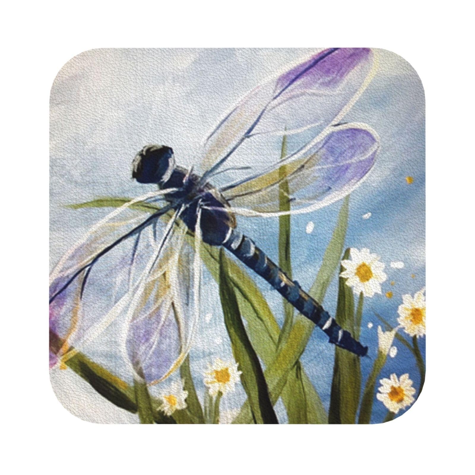 Dragonfly painting PU Leather Coasters Set of 6 Square Drink Coasters