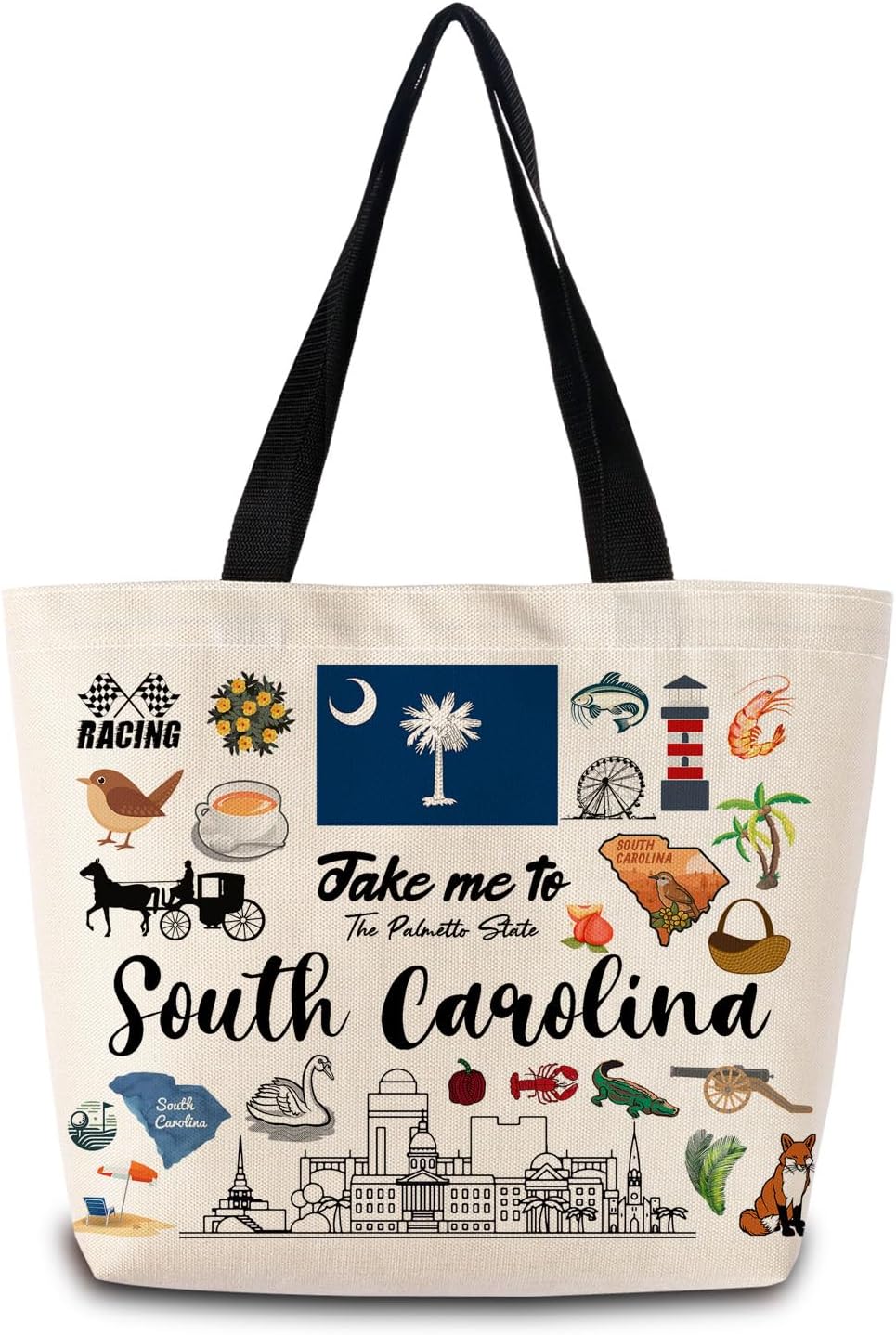 Take Me To South Carolina Tote Bag Reusable Grocery Bags Aesthetic Shopping Shoulder Handbag with Interior Pocket Lightweight & Washable Stylish South Carolina Travel Present for Women