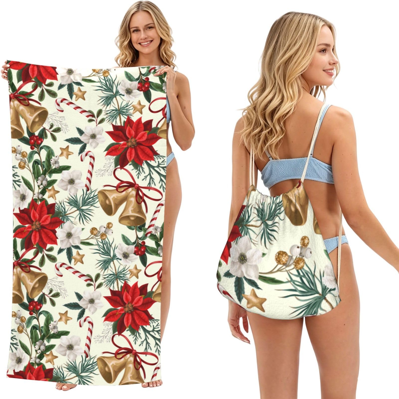 Poadnly As Picture Christmas Poinsettia Floral Xmas Bell, 2 In 1 Packable Towel Bag, Beach Towels With Drawstring Backpack For Travel Holiday Camping