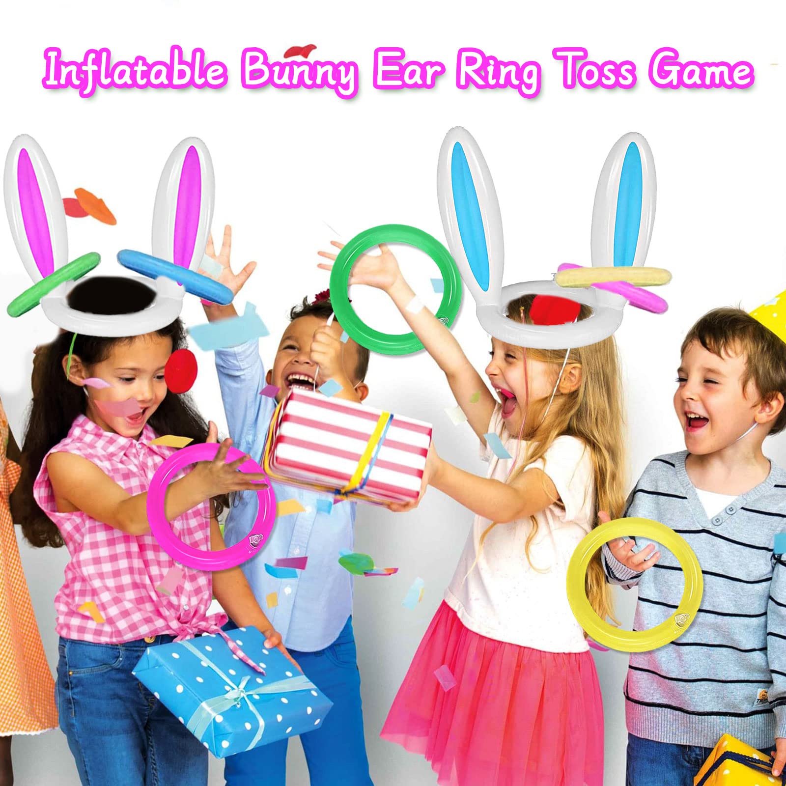 Lot de 2 Jeux de Lancer d'anneaux gonflables pour Oreilles de Lapin (2 Ensembles, 8 Anneaux et 1 Pompe)| Fournitures de fête pour Enfants ou Famille
