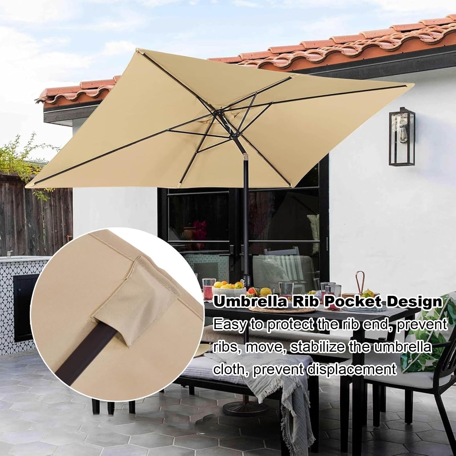 Copertura Di Ricambio Per Ombrellone Da Giardino, Telo Di Ricambio Per Ombrellone Rettangolare 3x2M 6 Stecche, Parasole Impermeabile E Resistente Ai Raggi UV, Vela Di Ricambio In Tessuto(Beige)
