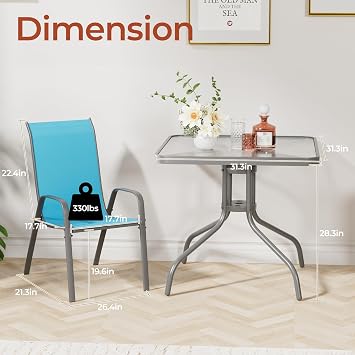 TLSUNNY Patio Dining Set 5 Pieces, All Weather Outdoor Furniture W/30X 30 Table and 4 Stackable Textilene Chairs, Metal Table and Chairs for Lawn, Garden, Poolside, Backyard (Umbrella not Included)