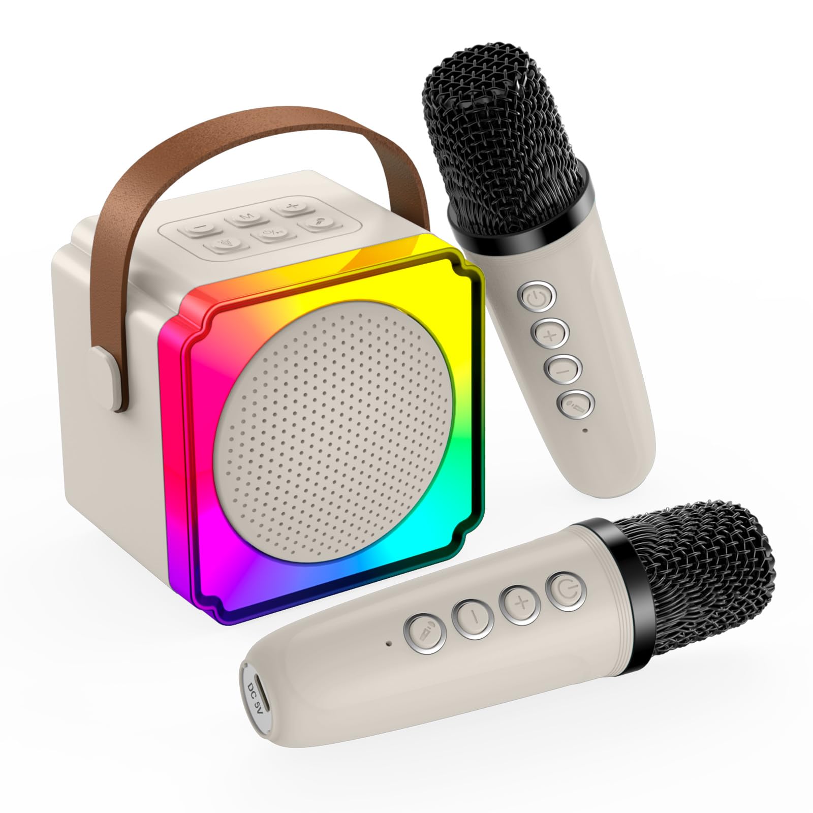 Machine à Karaoké avec 2 Microphone sans Fil pour Enfants par MMOBIEL – Enceinte Bluetooth Portable, 2 Microphone, Effets de Voix, Lumière LED – Micro Karaoke, Cadeau Fille, Garcon, Enfants 3+, Beige