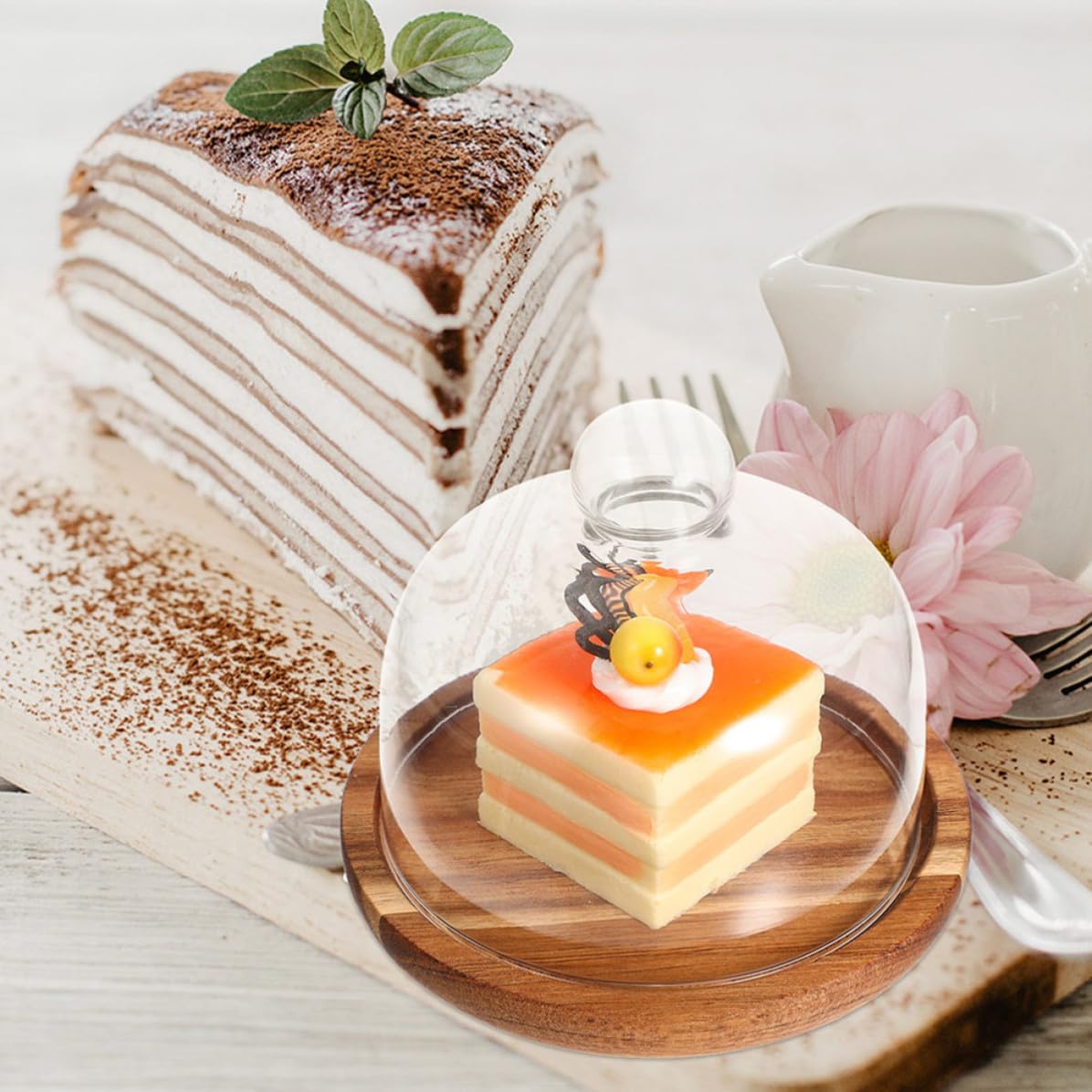 Alasum Bandeja para Tartas de Madera Cúpula de Vidrio para Cocina | Diseño Transparente Creativo, Acabado Fino, Cobertura de Alimentos y Conservación del Calor