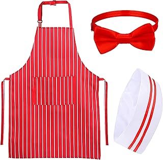 3 Pieces 1950s Adult Waiter Costume Kit - Soda Jerk Costume,Red & White Striped Apron with 2 Pockets, Chef Hat & Adjustable Bow Tie for Halloween, Carnival, 50s Theme Party