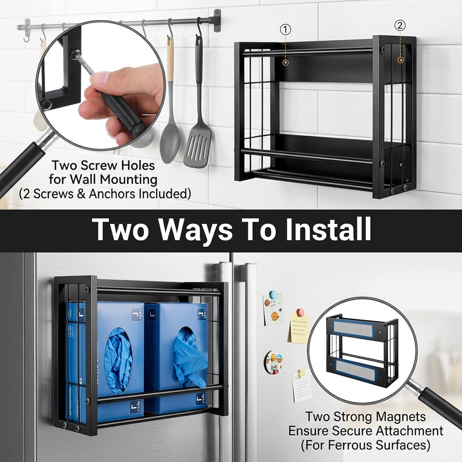 Magnetic Glove Box Holder, Glove Holder for Wall Mount - 2-Box Capacity Metal Dispenser with Screws for Rubber Latex Disposable Gloves & Tissues, Toolbox Garage Kitchen Fridge Workshop
