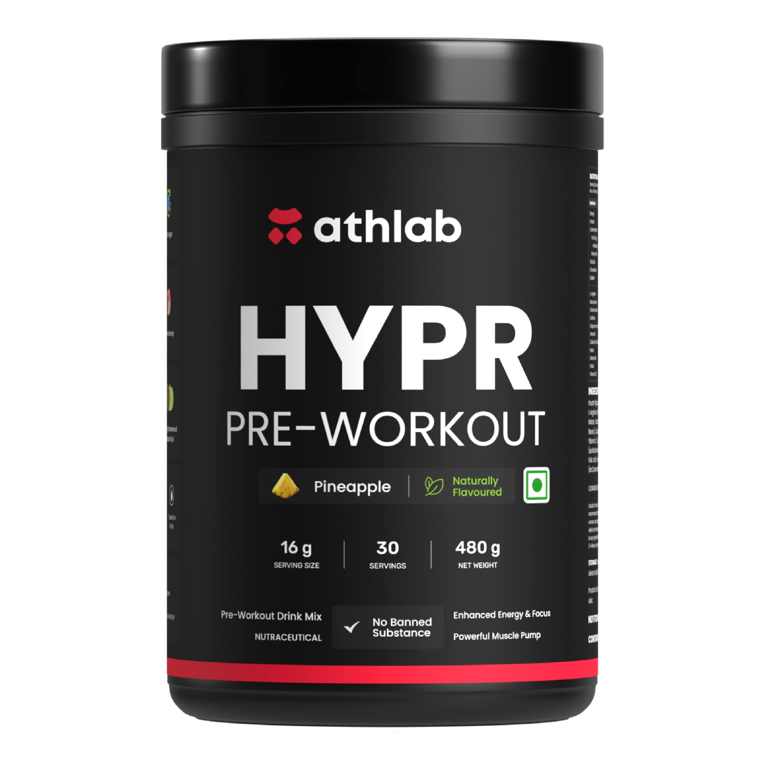 Athlab (by Nutrabay) HYPR Pre Workout | Naturally Flavoured & Sweetened with Monk Fruit | 200mg Natural Caffeine, 3000mg L-Arginine, 2000mg Beta Alanine, 2000mg Citrulline Malate - Pineapple, 480g
