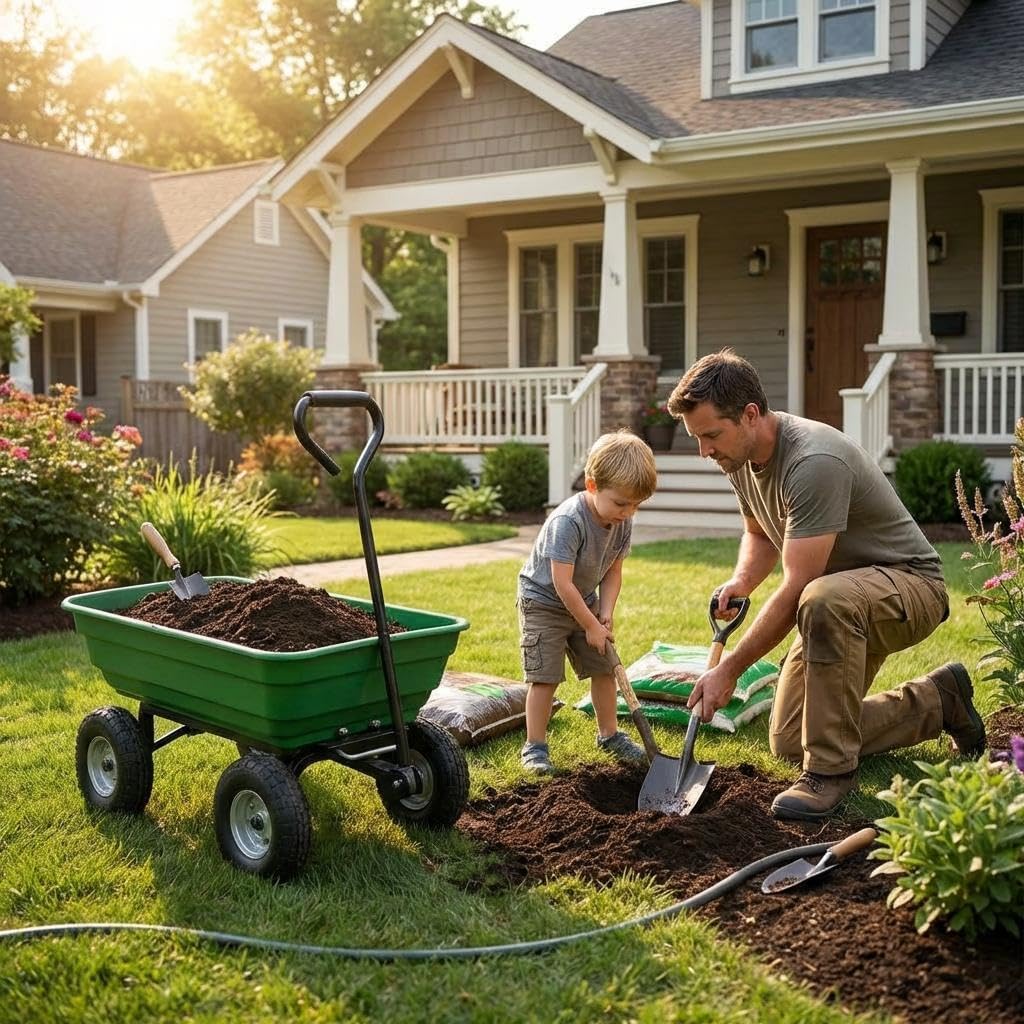 Garvee Wheelbarrow Garden Cart, Heavy-Duty Garden Dump Cart, Four-Wheel Home Garden Yard Utility Wheelbarrow Cart with Built-in Stand & D-Handle Steering for Gardening, Yard Work & Landscaping