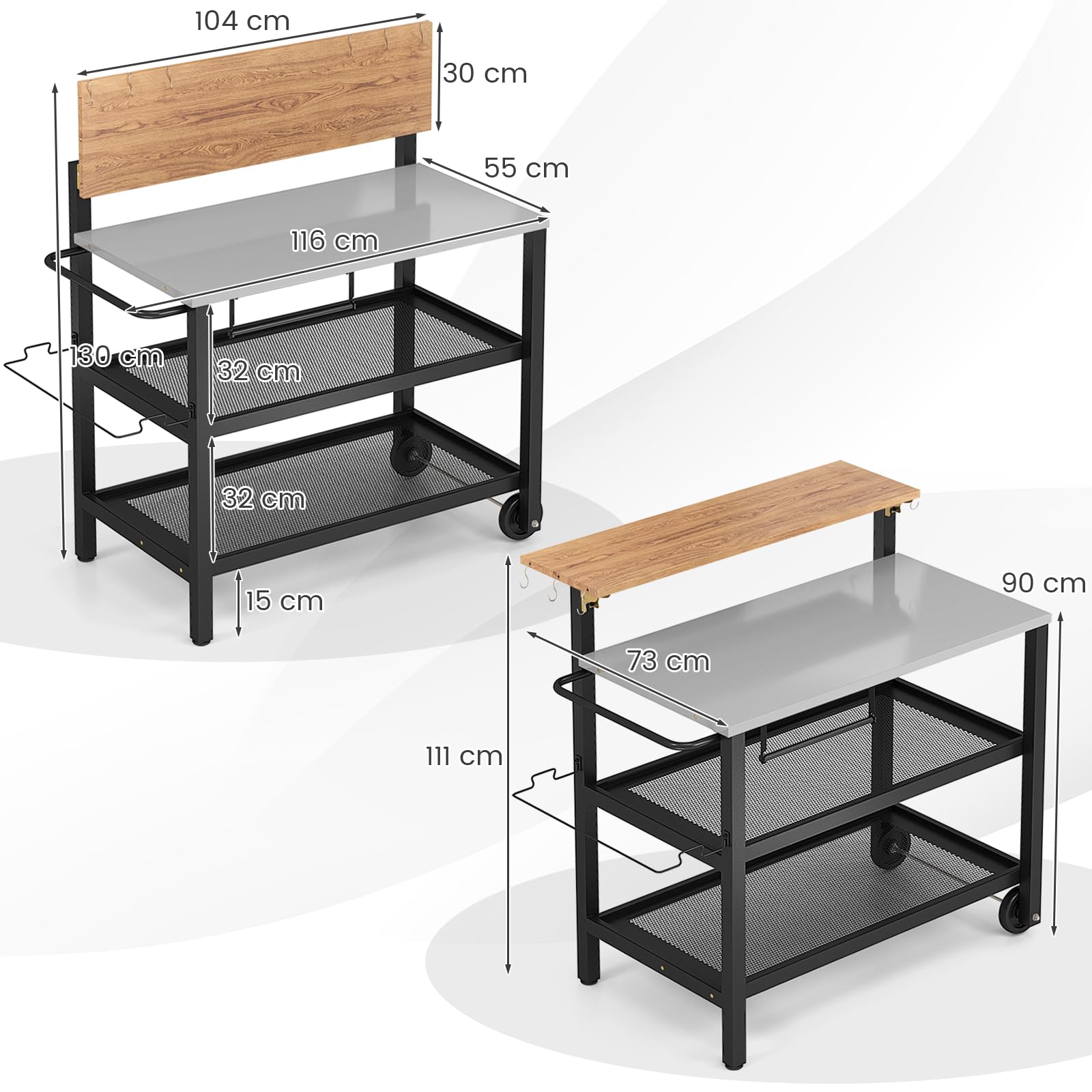 GYMAX Carrello Bar con Piano Ribaltabile, Supporto per Forno a 3 Ripiani con Ruote, Scaffali e Ganci, Carrello per Griglia con Porta Carta Asciugamani/Sacchetti, Carrello da Servizio da Esterno