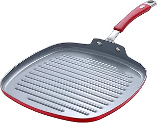 Momscook Aluminum Nonstick Cookware Ceramic Coating Square Grill Pan with Red Silicone Handle, 11-Inch