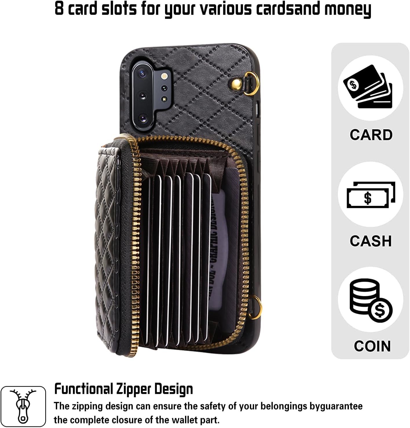 Detachable Crossbody Strap Wallet Case for Samsung Galaxy Note 10 Plus Note10+ 5G Zipper Purse, Multi Card Slots, Leather Stand Phone Cover for Note10 + Notes 10+ Ten Not S10 10Plus Women Black