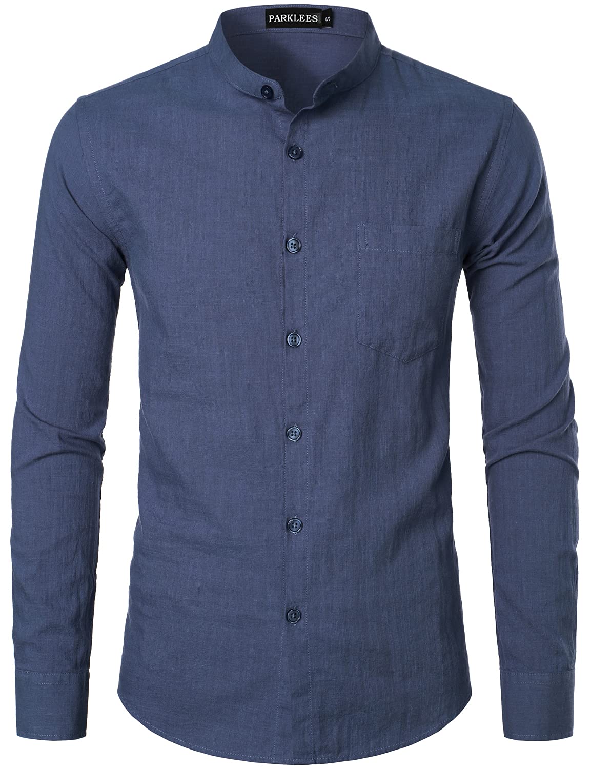 PARKLEES Camisas de algodón y lino de manga larga con botones y bolsillo para hombre