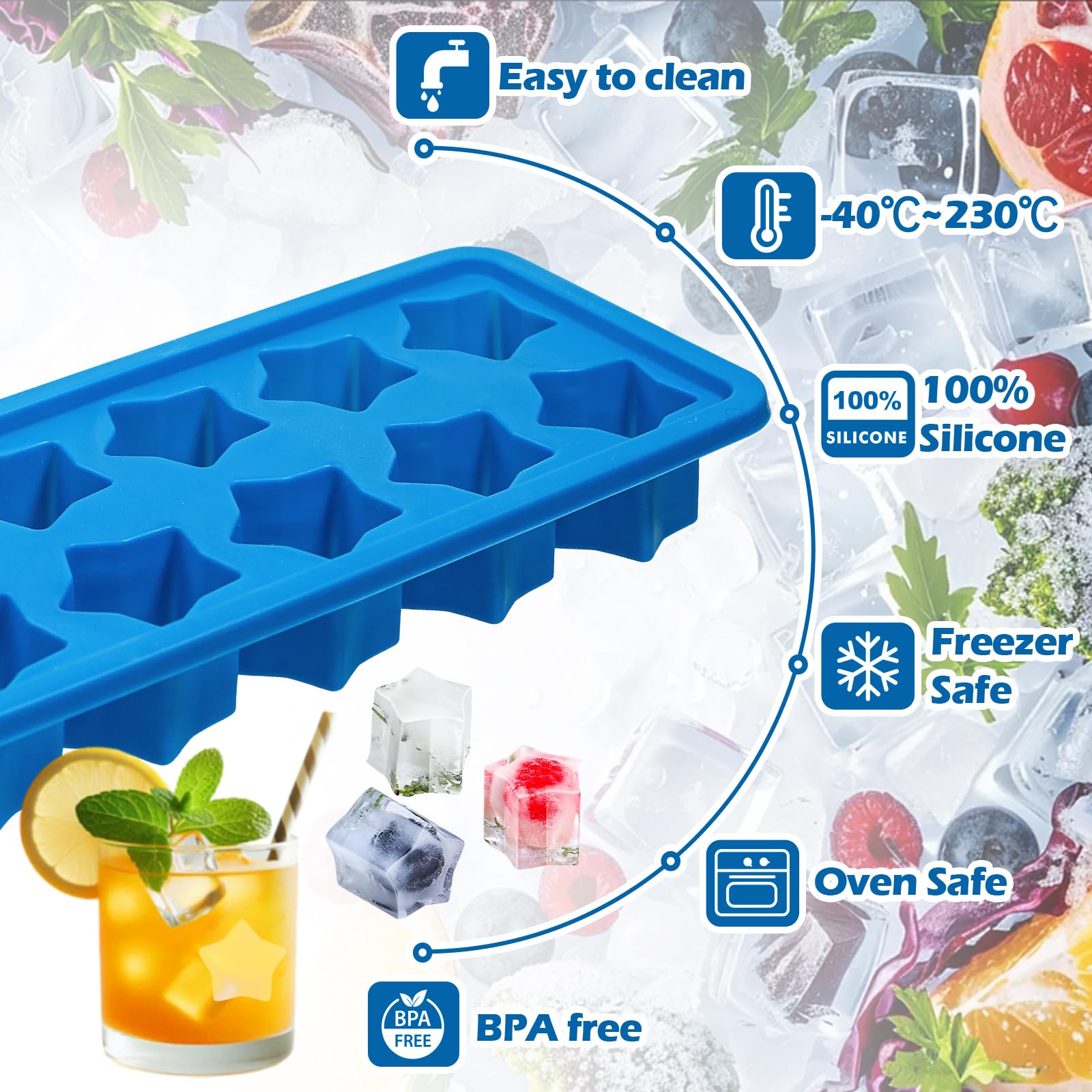 Webake Silicone Ice Cube Trays Star Shaped Ice Cube Molds for Whiskey and Cocktails, Easy Release Jelly Crayon Mold Pack of 3 Blue
