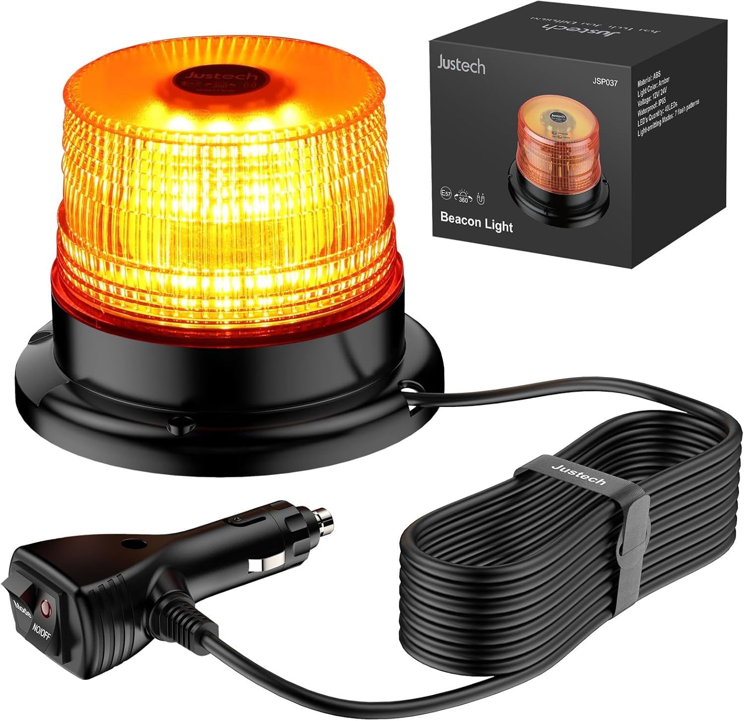 40W Gyrophare LED Orange, Justech 40 LEDs Gyrophare Magnétique E-Mark IP67 Étanche pour 12V/24V VéhiculePhare d'Avertissement Clignotant Magnétique 7 Modes de Flash avec 5m Câble Prise Allume-Cigare