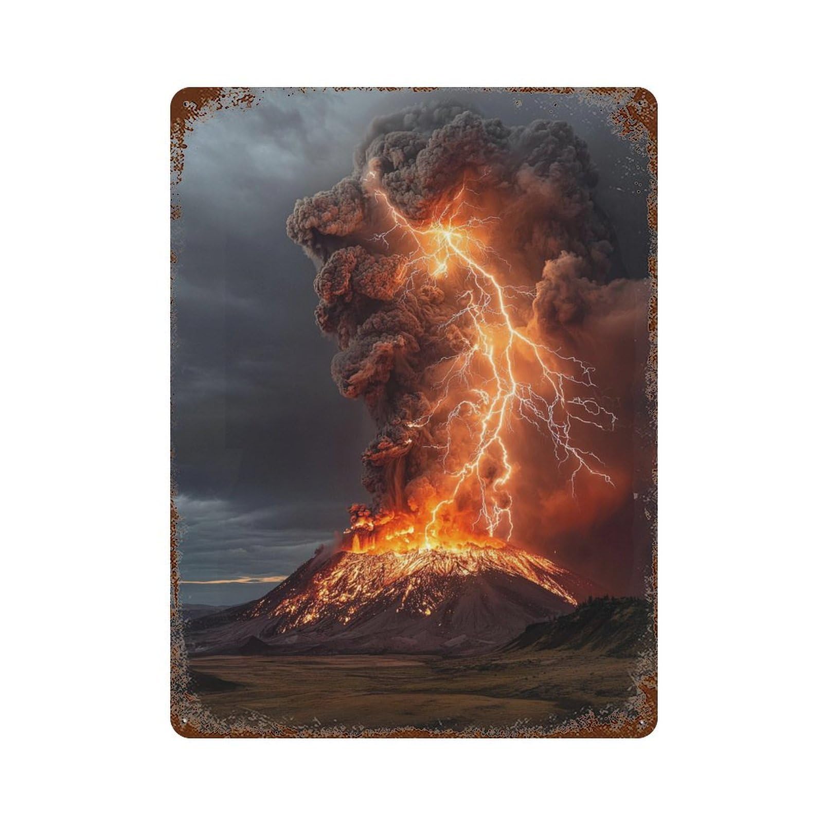 Volcano Eruption with Lightning Strikes-5 Weathered Tin Sign 15.7"x11.8", Classic Wall Plaque for Garage, Bar And Workshop Decor