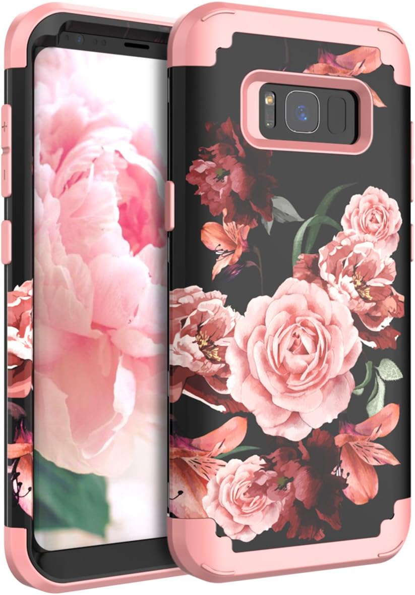 RabeMall Samsung Galaxy S8 Case Unique Pretty Flowers for Girls/Women Anti-Fingerprint Three Layer High Impact Resistant Hybrid Shockproof Protective Cover,Floral Rose Gold