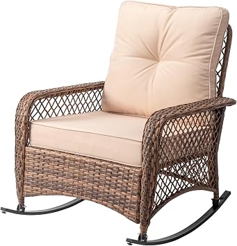 Outdoor Wicker Rocking Chair, Patio Rattan Rocker Chair with Wide Seat,Thickened Cushions & Steel Frame, All-Weather Rocking Lawn Wicker Furniture for Garden, Backyard, Porch, Beige