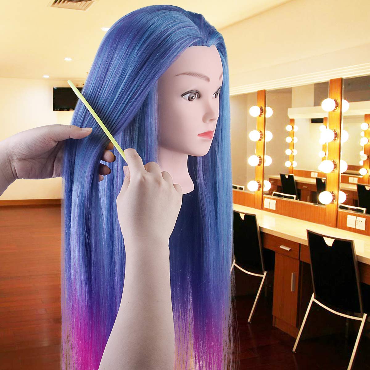 Cabeza Peluqueria, TopDirect 26" Cabello Colorido Cabeza Maniquí Peluqueria Practicas Formación Muñeca de la Cosmetología con Soporte + Accesorios de Peinado Kit Set