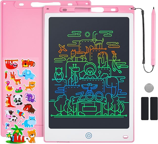 Coolzon Colourful LCD Writing Tablet Kids, 12 Inch Erasable Writing Tablet with Lock Function Kids Drawing Pad for Painting Drawing and Memo Lists,Free Animal Cartoon Stickers,Pink