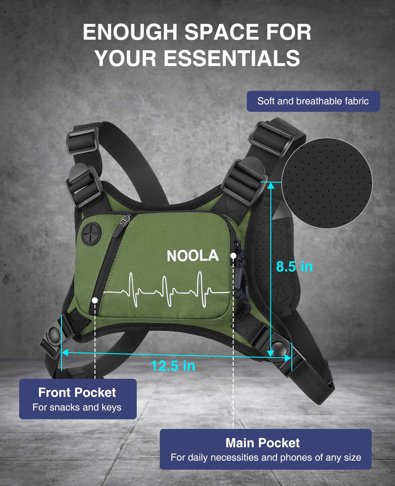NOOLA Paquete de pecho, chaleco reflectante para correr para mujeres y hombres, bolsa de pecho ligera con soporte para teléfono, accesorios para correr