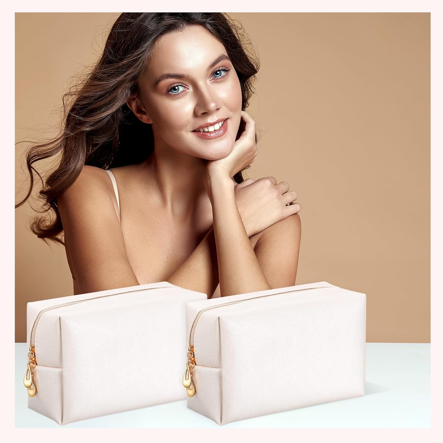 Cunno 50 Pcs Makeup Bag Bulk PU Leather DIY Cosmetic Plain Preppy Makeup Pouch Portable Waterproof Toiletry Bags for Women Travel Pencil Case Cosmetic Organizer, Ivory White - Image 4