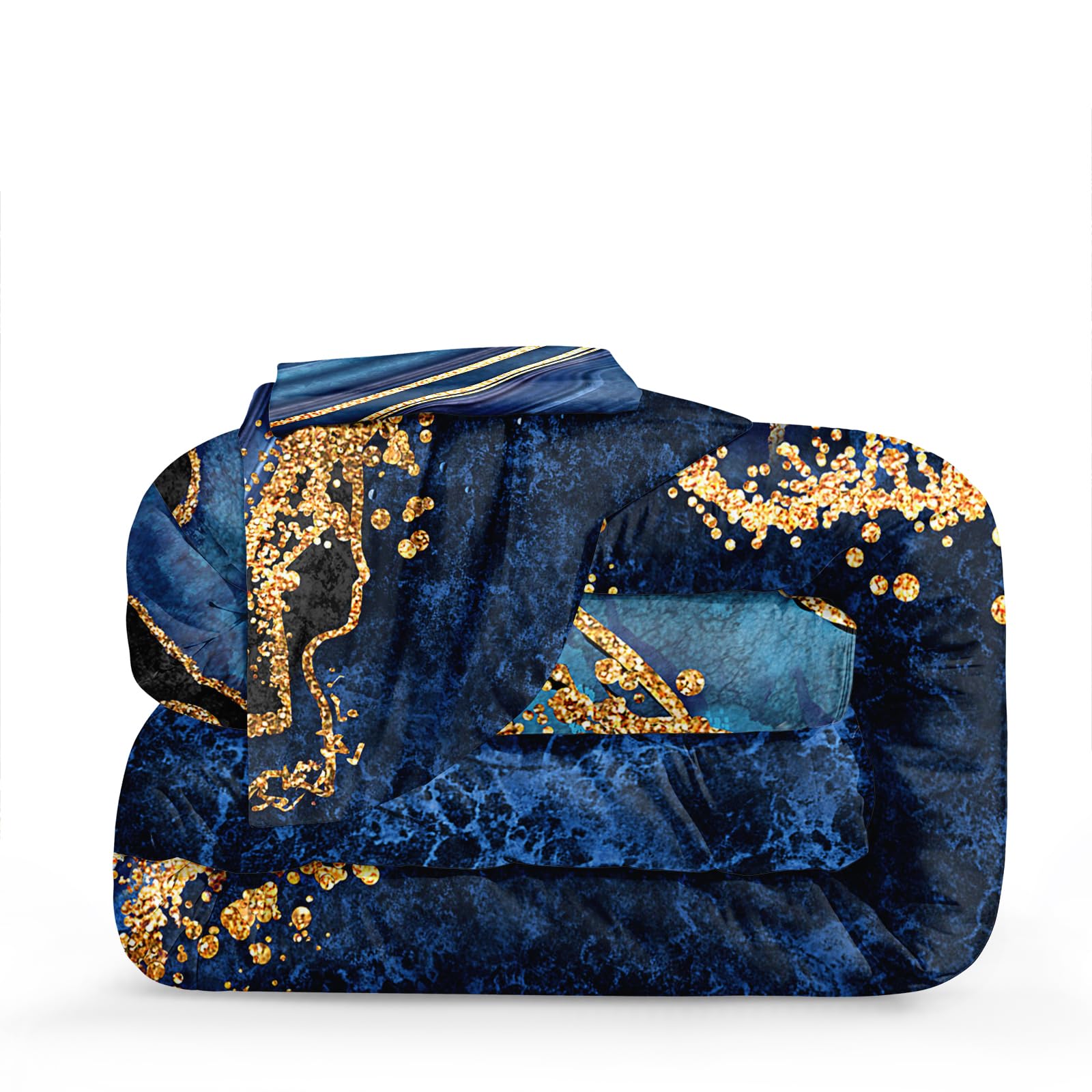 Black Gold Comforter Set Queen Size Blue Marble Bedding Comforter Ocean Blue River Mrable Abstract Bedding Watercolor Glitter Comforter Set with 2 Modern Pillowcases