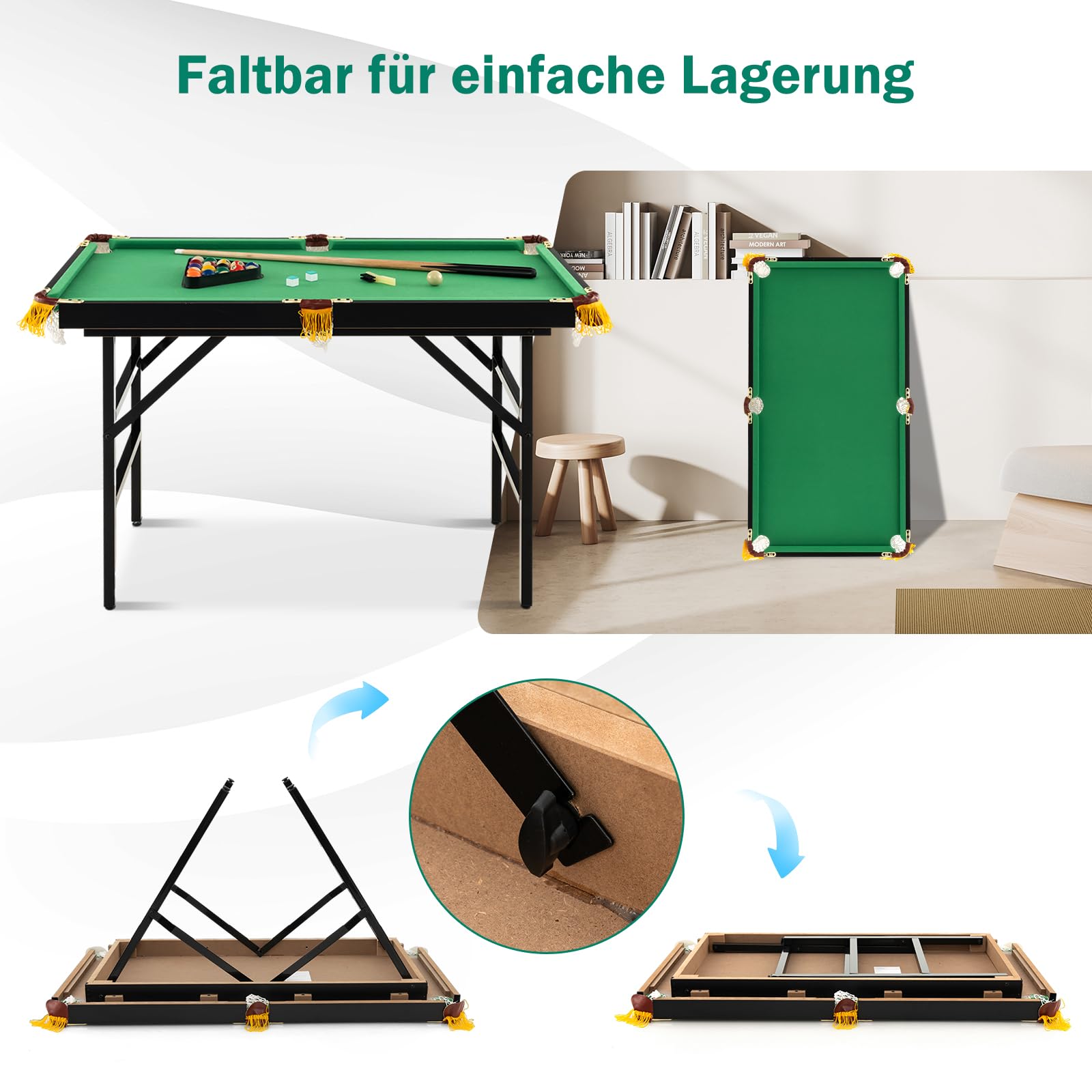 GOPLUS klappbarer Billardtisch, Billiard Tisch mit Zubehör, Snookertisch mit 16 Kugeln, 2 Queues, 2 Kreide, Bürste und Dreieck, Tischspiel für Kinder & Erwachsene, 122 x 64 x 78 cm