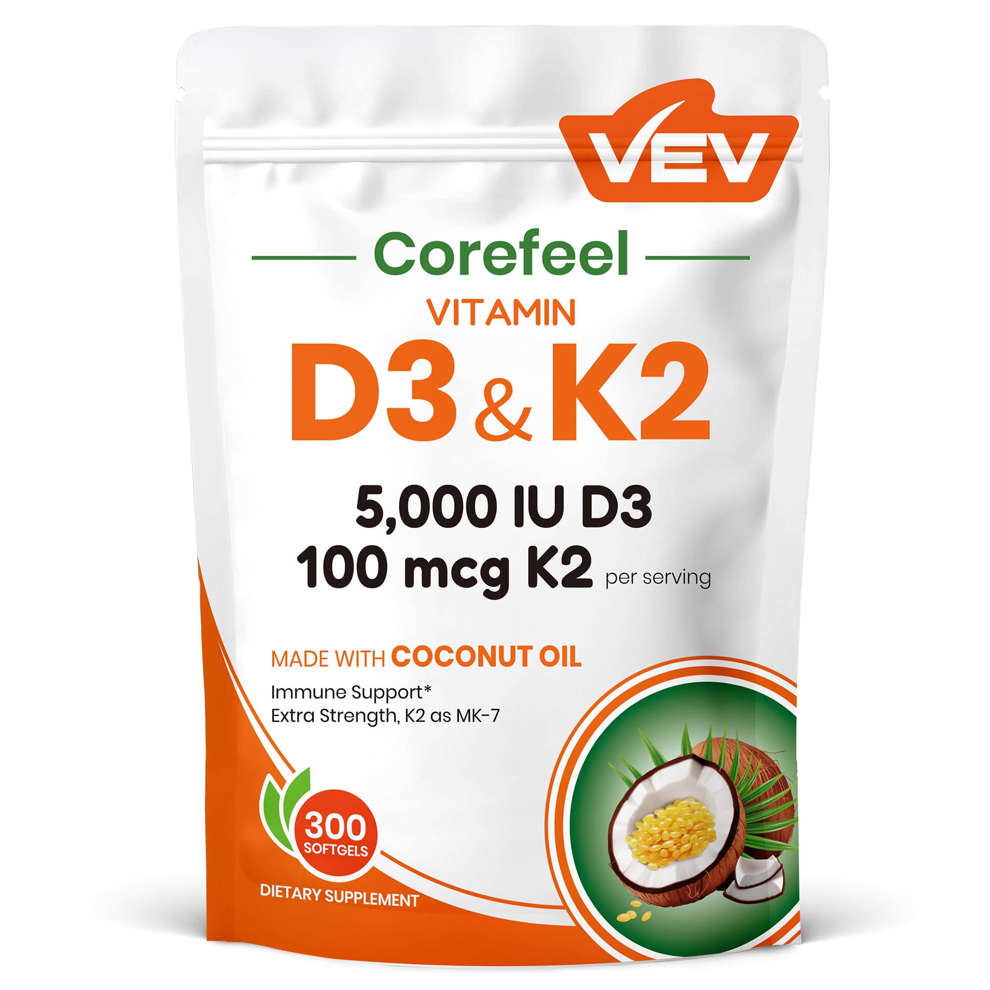 VEV Corefeel Vitamin D3 K2 5,000 IU, 100 mcg MK-7, 300 Coconut Oil Softgels