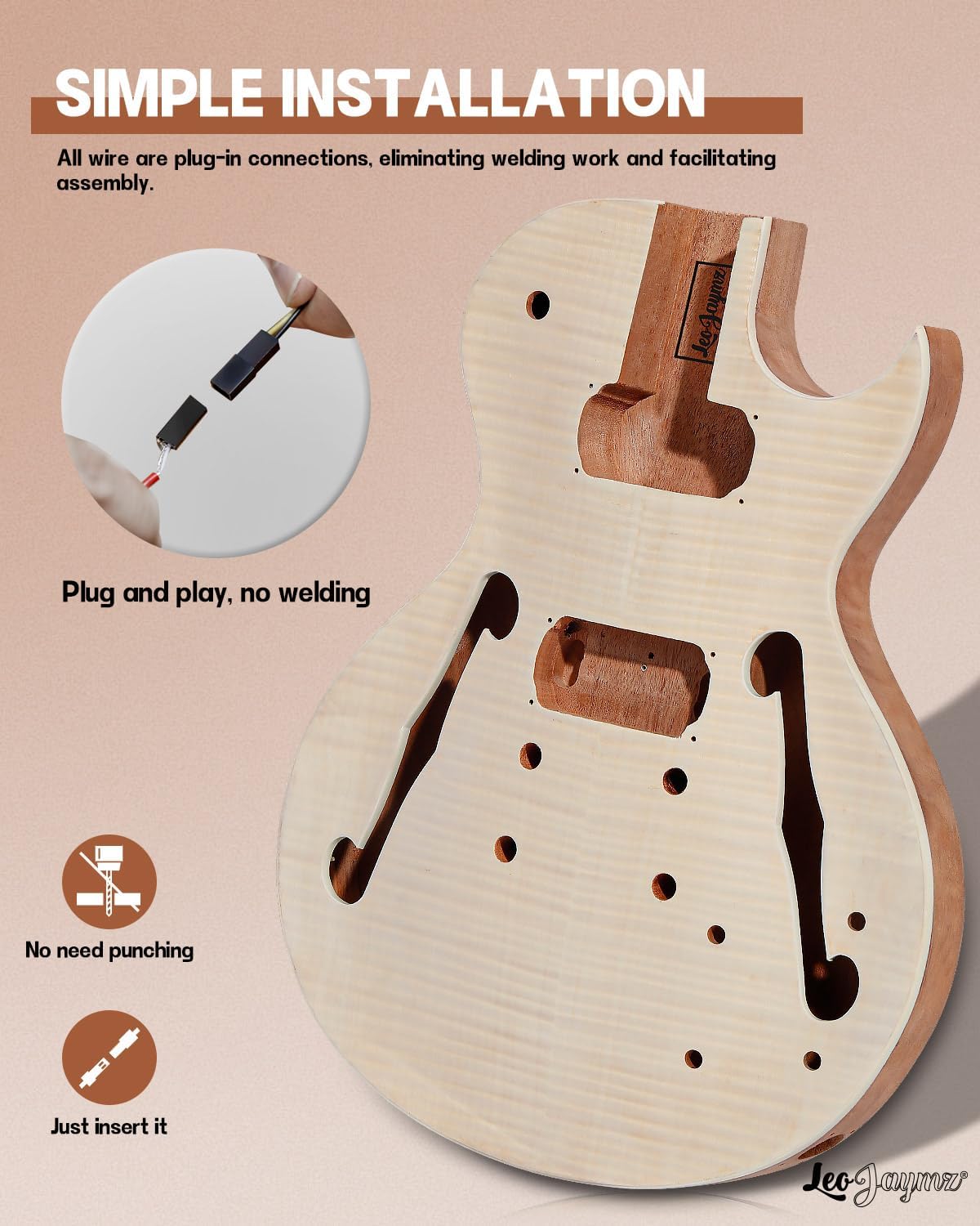 Close-up view of the semi-hollow mahogany guitar body with pre-drilled holes for components and the neck pocket, emphasizing the simple plug-and-play installation without welding.