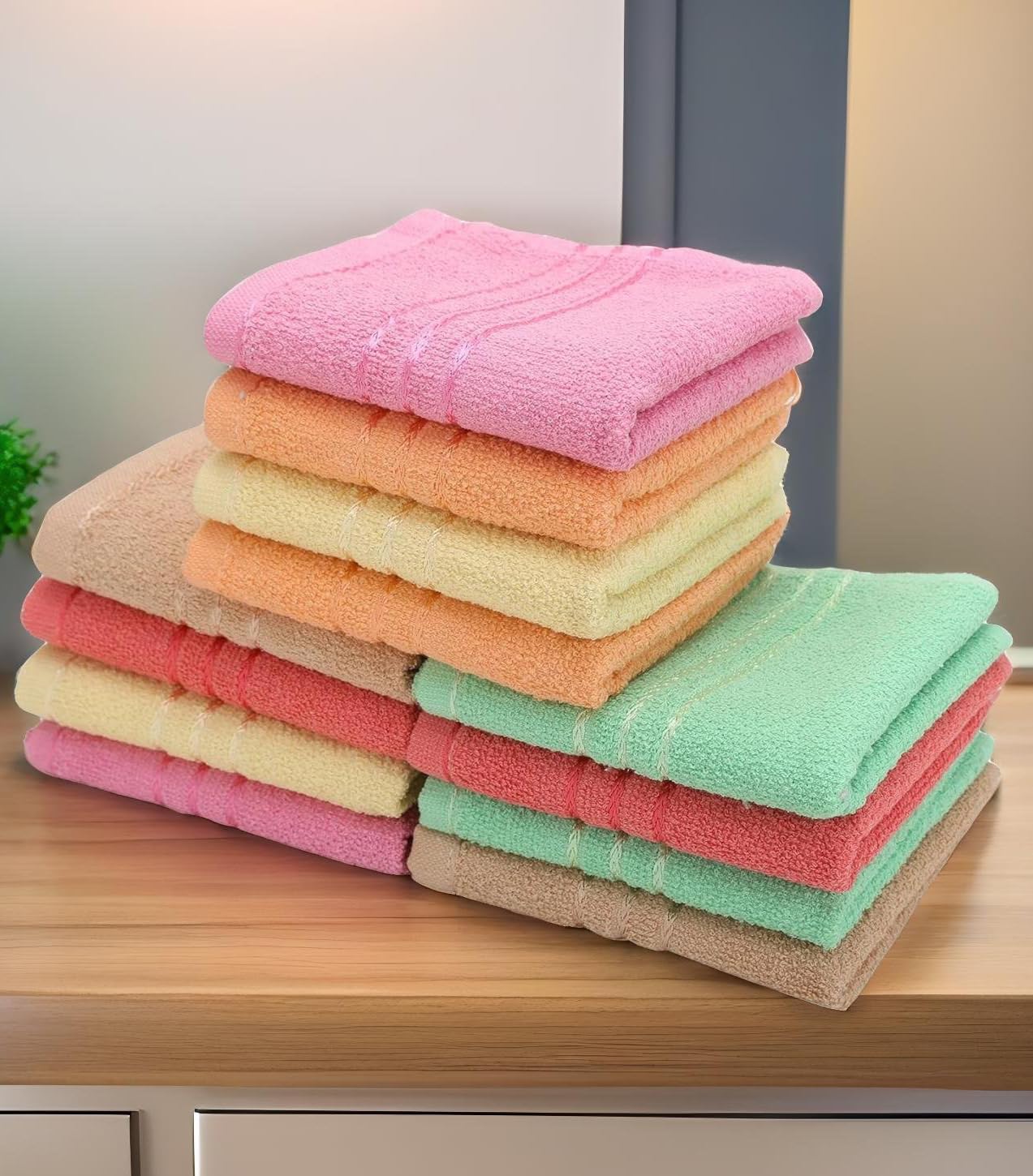 Weavers Villa Cotton 420 GSM Striped Soft Multicolour Face/Hand Towel - Set of 12 (33cm X 50cm)