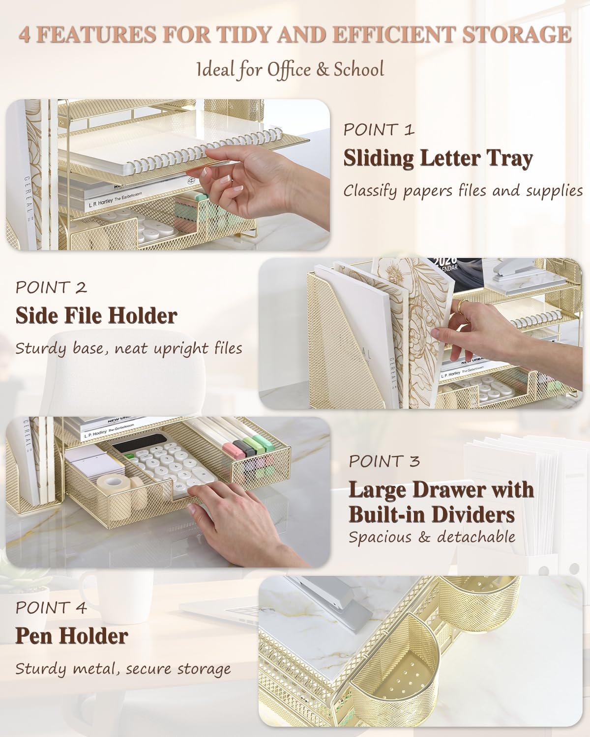 WALI Desk File Organizer, 4 Tier Desktop Paper Letter Tray Organizer with Drawer and 2 Pen Holders, Office Desk Accessories & Workspace Organizers for Office, Home, School Supplies, 1 Pack, Gold view 4