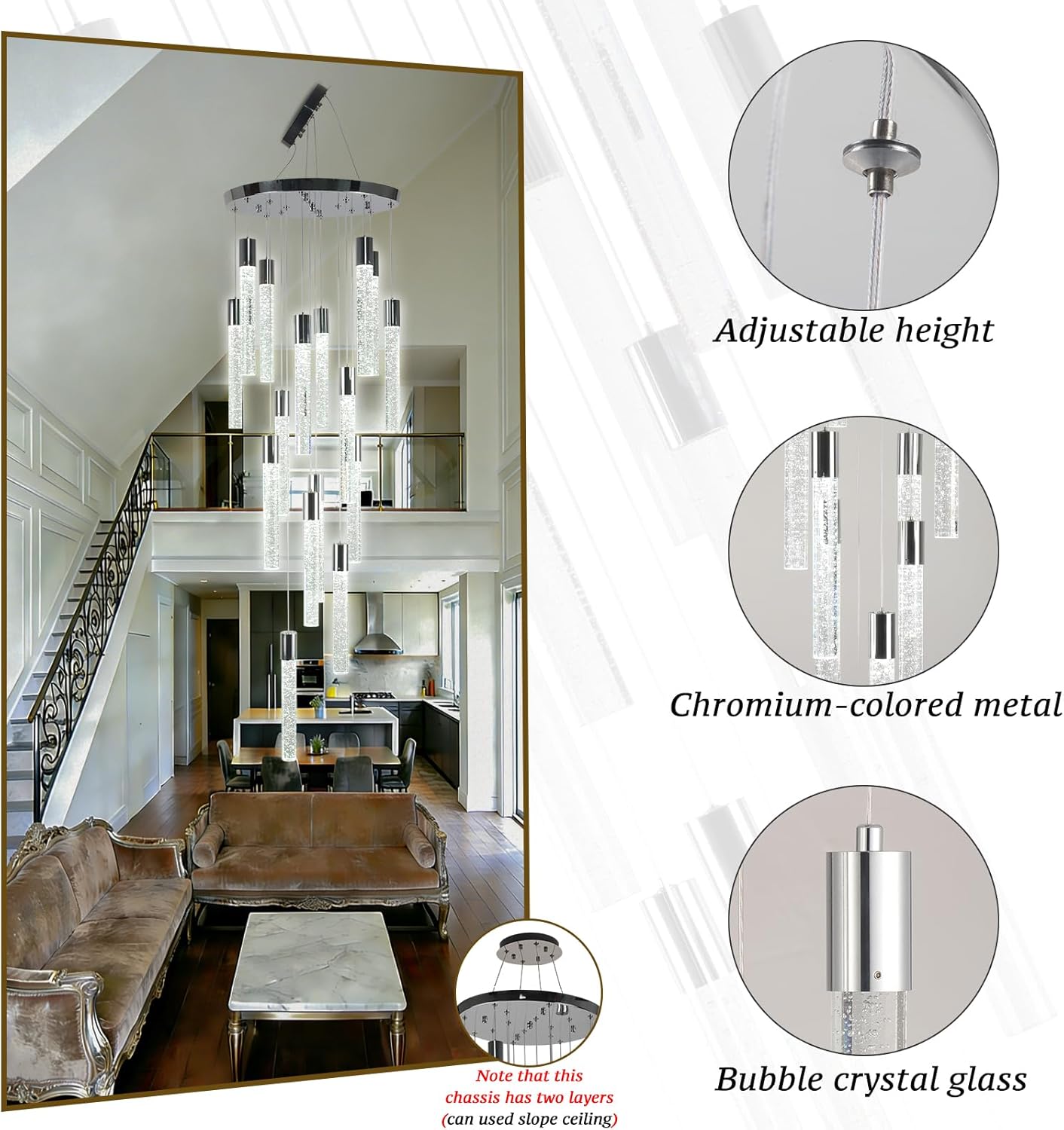 16-Light Chrome Bubble Crystal Chandelier Cool White Spiral Staircase Pendant for High Ceilings Sloped Ceiling Compatible Canopy Adjustable Hanging Height Grand Foyer Entryway
