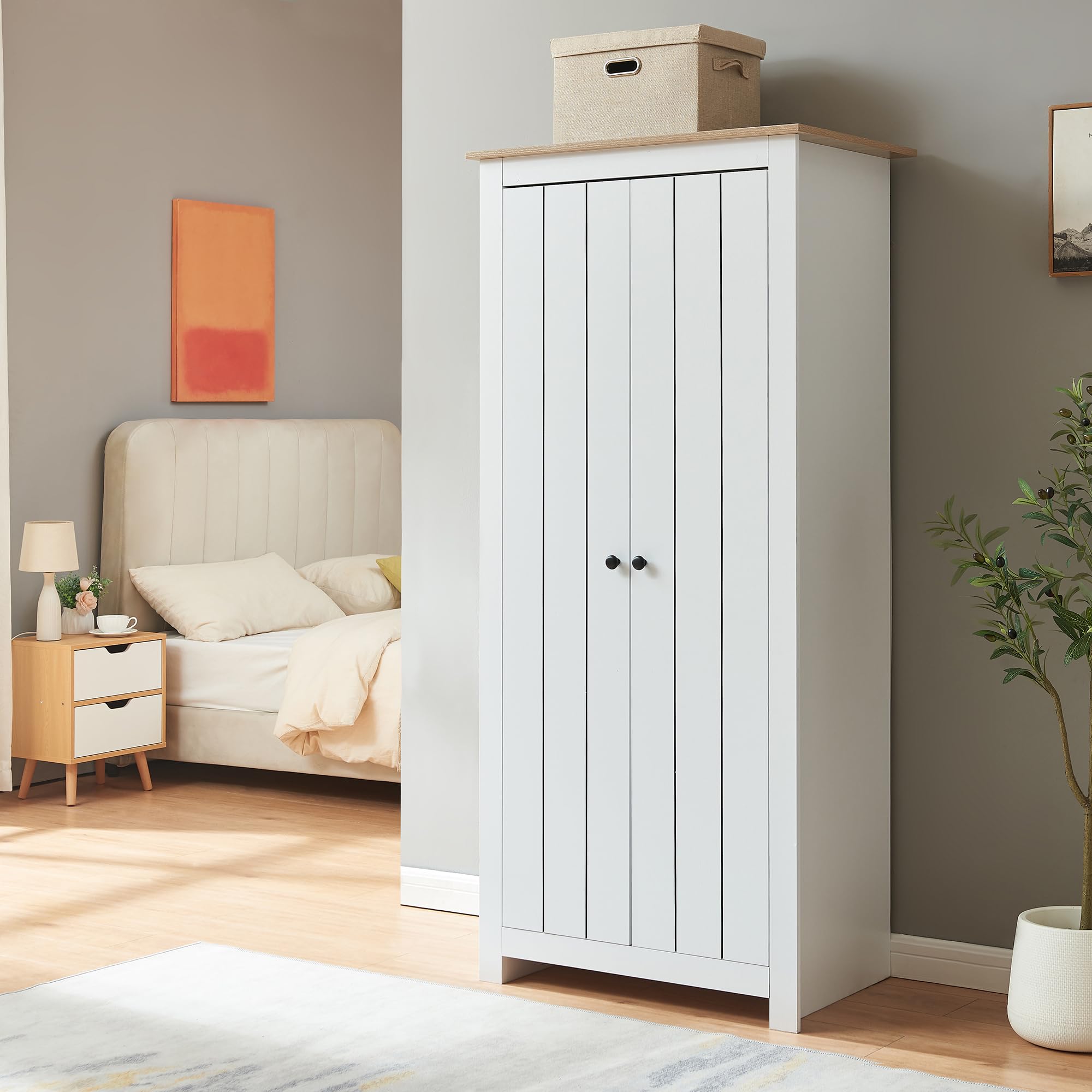 [en.casa] Armadio Chiuso per Guardaroba a 2 Ante con Barra Appendiabiti Armadio con Scomparti Portaoggetti Asta Porta Abiti per Camera da Letto 175 x 80 x 52 cm - Bianco/Effetto Rovere