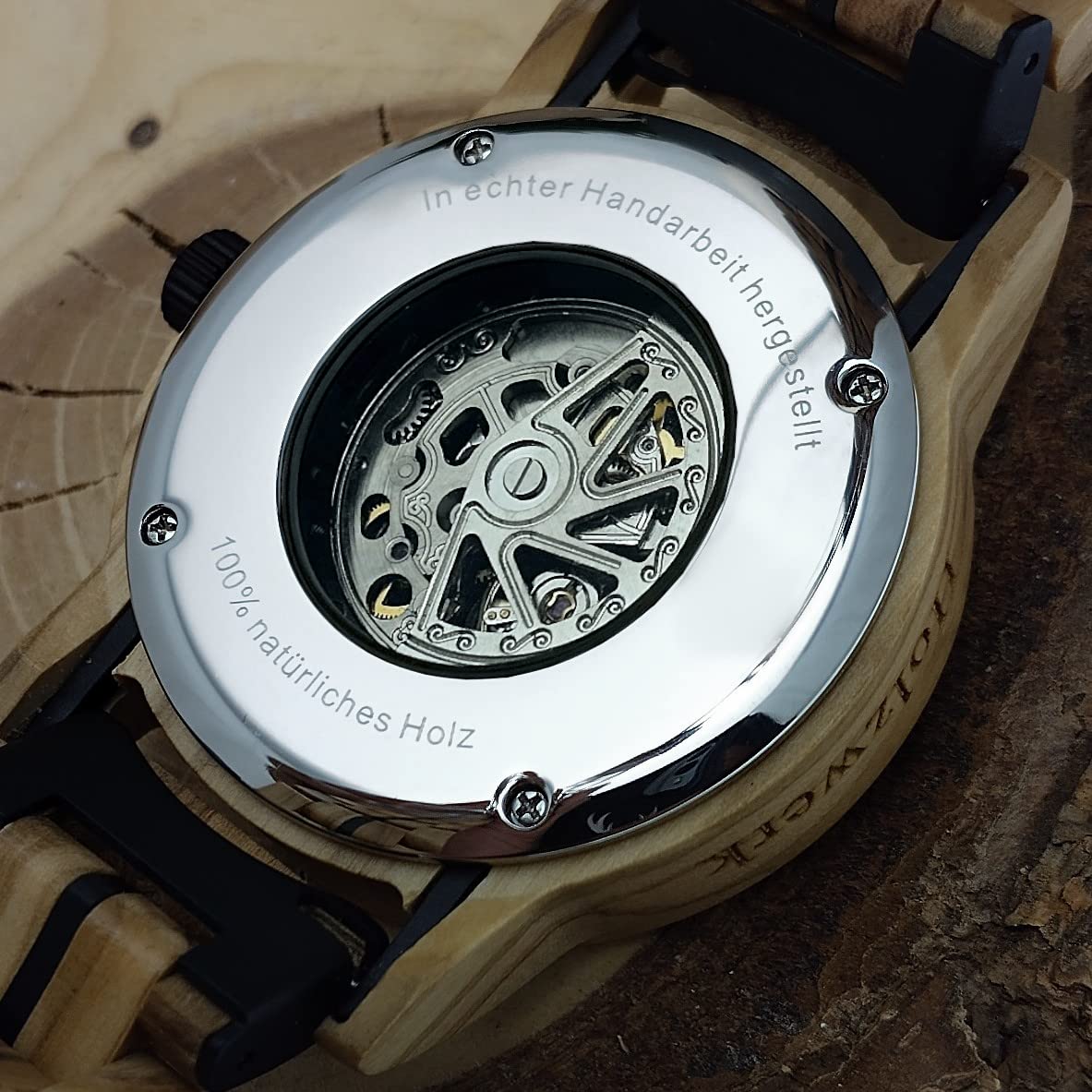 Holzwerk Germany Handgefertigte Automatik Herren-Uhr Öko Natur Holz-Uhr Holz Armband-Uhr Braun Blau Silber Analog