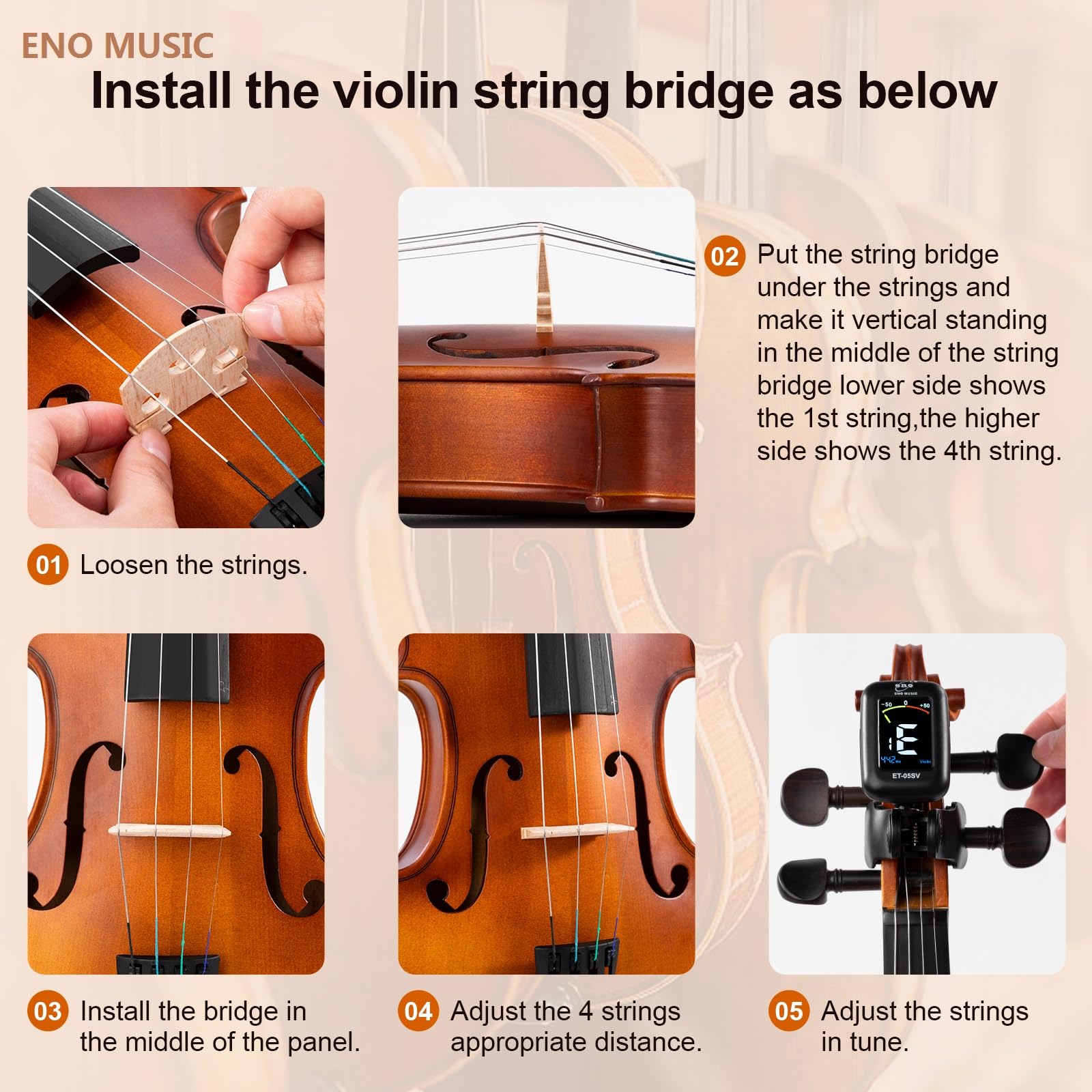 ENO MUSIC Kit de violín 4/4 de tamaño completo para principiantes y adultos con colofonia, arco y funda rígida, todos los accesorios de instrumentos musicales de cuerda incluidos