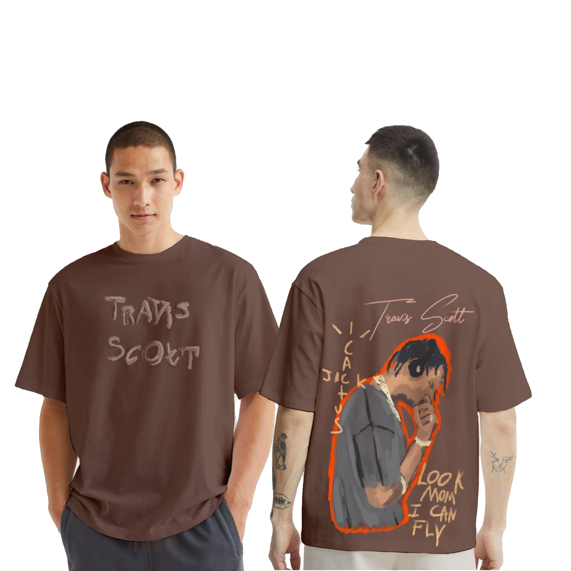 Travis Scott Oversized Brown Tshirt for Men and Women Look mom I can Fly Drop Shoulder Unisex Baggy Loose Fit T-Shirts-image-24