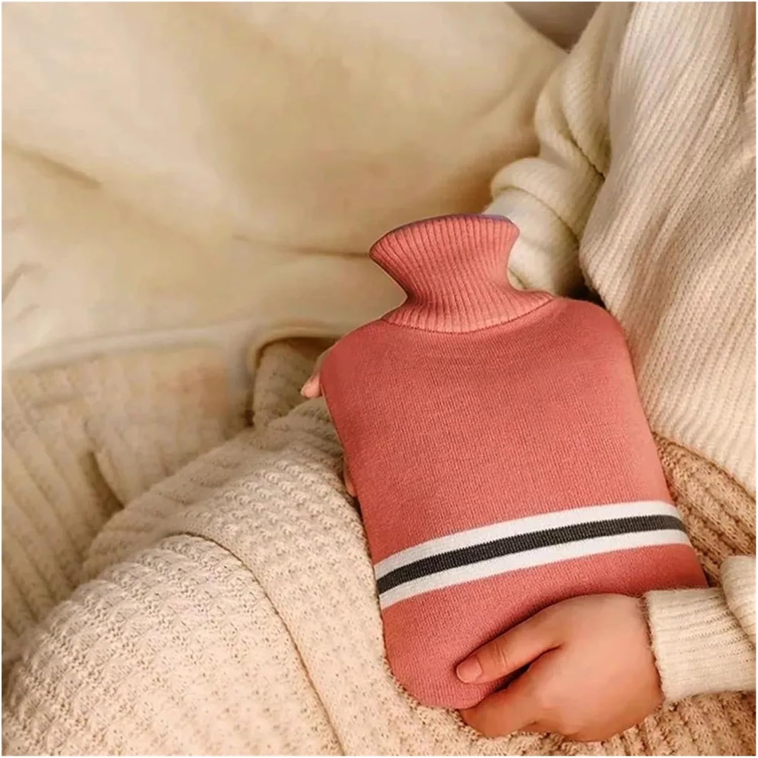 Hot Water Bottle with Knitted Cover Durable 1L/2L Hot Water Bag for Pain Relief Hot Cold Therapy Hand Feet Warmer(Light Blue,1000ml)