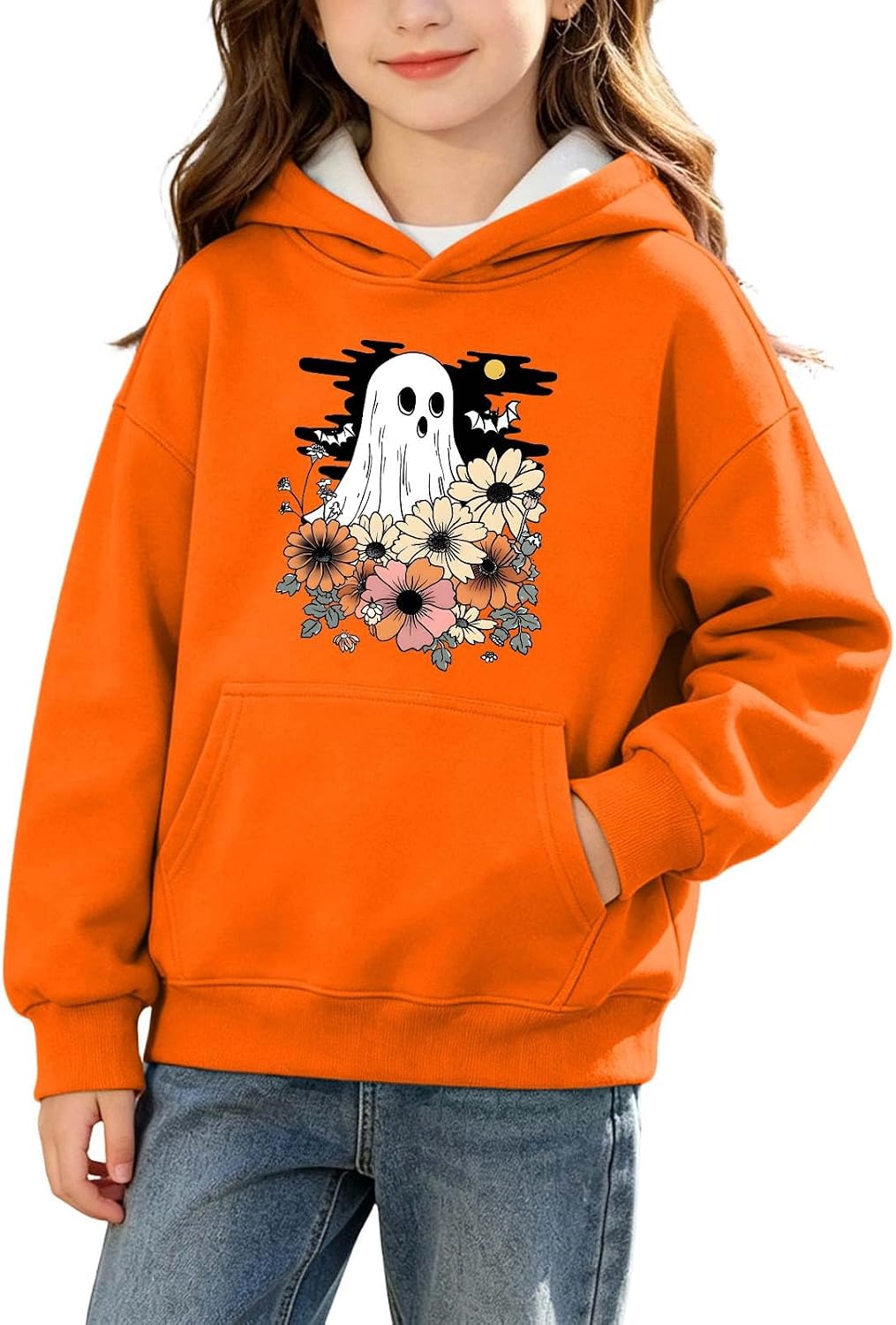 Kids Cute Halloween Floral Ghost Pullover Hoodie Sweatshirt Top