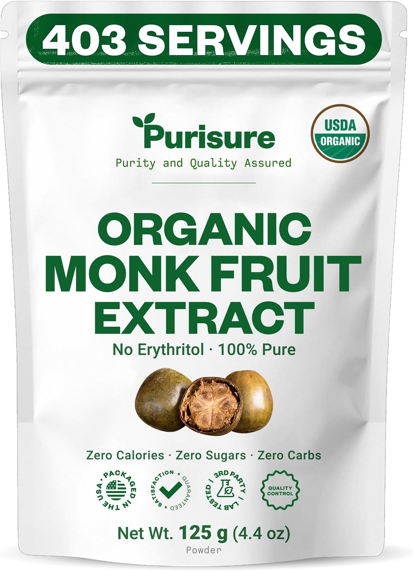 Purisure Organic Monk Fruit Sweetener, 125g (4.41oz) 400 Servings, No Fillers Pure USDA Organic Monk Fruit Extract Powder with No Aftertaste, Zero Calorie & Zero Carbs, Keto & Paleo Friendly,
